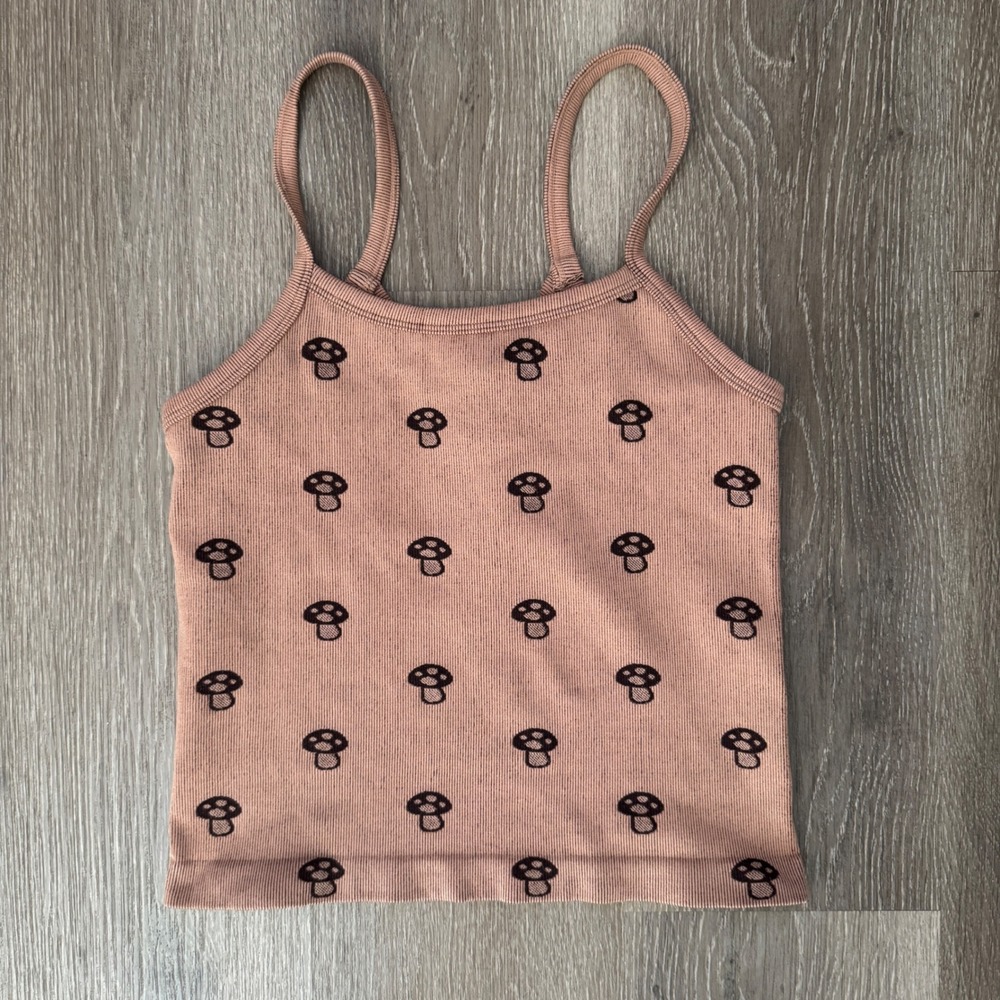 Just Polly Tank Top Womens Medium Brown Mushroom Print Ribbed Knit Camisole